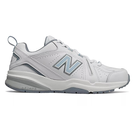 White New Balance 608v5 sneaker with light gray accents and a prominent &#39;N&#39; logo on the side, shown against a white background. This women&#39;s fitness shoe features an ABZORB
