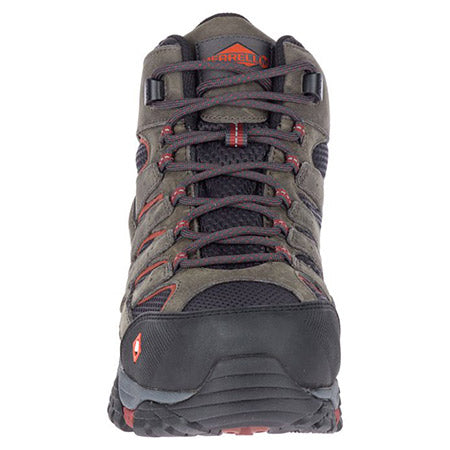 Front view of a Merrell MERRELL SAFTEY TOE MOAB VERTEX MID WP PEWTER - MENS featuring a gray and black design with red accents, demonstrating rugged tread and reinforced ankle support.