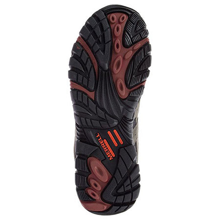 Sole of a Merrell safety toe Moab Vertex Mid WP Pewter - Mens industrial work boot displaying deep tread patterns and brand logo.