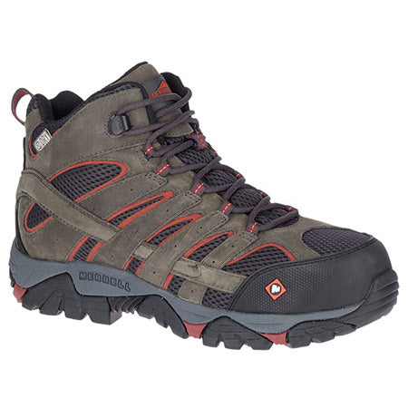 A pair of gray and red Merrell SAFTEY TOE MOAB VERTEX MID WP PEWTER - MENS hiking boots with composite safety toes, rugged soles, and lace-up fronts.