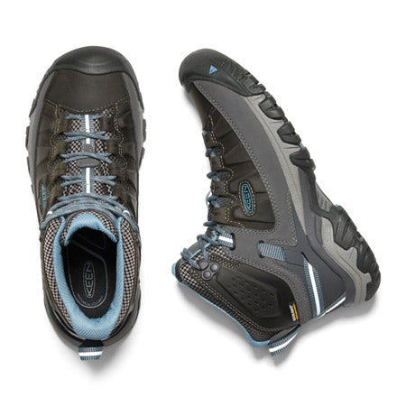 A pair of Keen Targhee III Mid Waterproof Magnet/Atlantic Blue hiking boots, viewed from above, showing the top and side profiles.