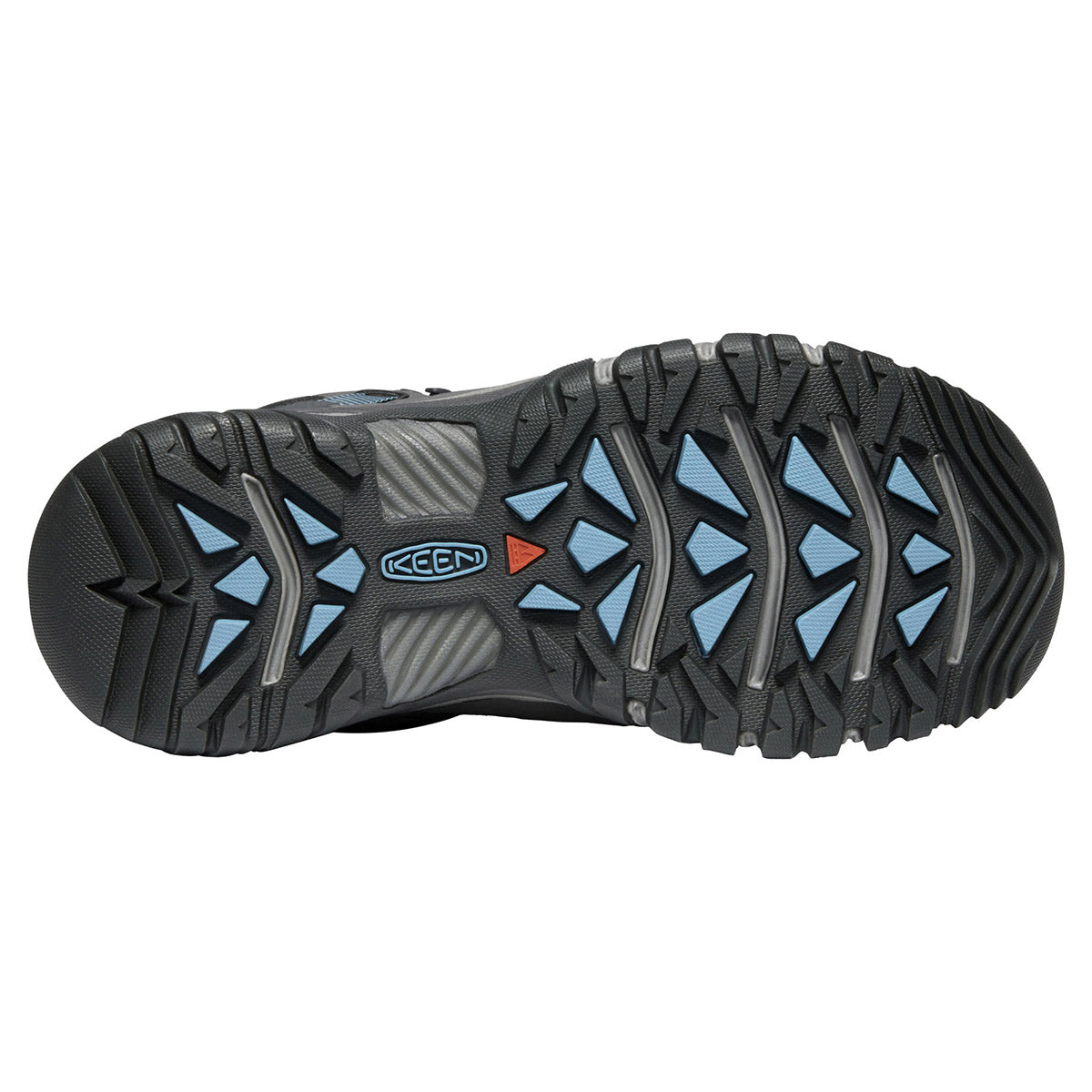 Sole of a Keen TARGHEE III MID WATERPROOF MAGNET/ATLANTIC BLUE - WOMENS rubber outsole on a hiking boot showing detailed tread pattern in gray and blue with the brand logo in the center.