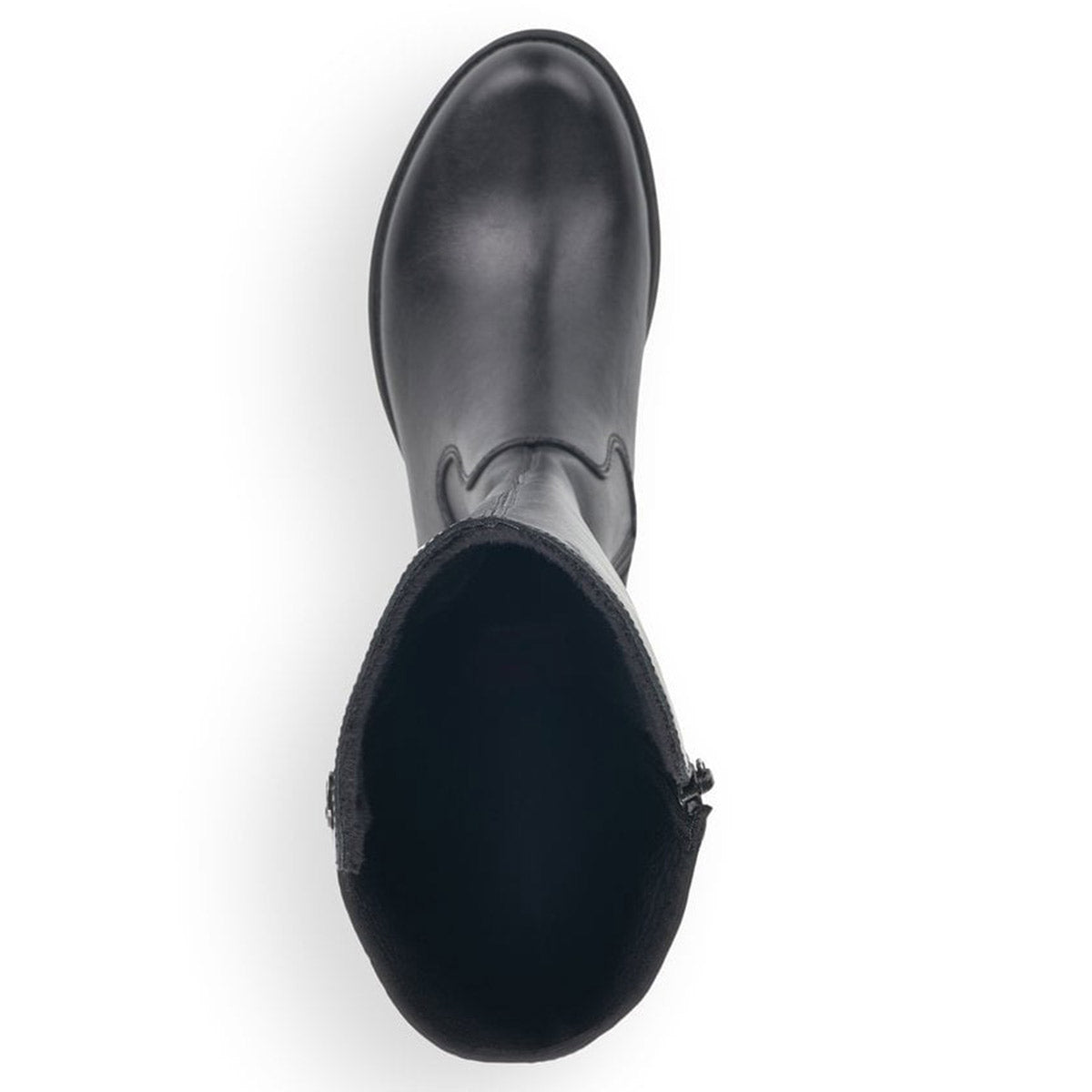 Top view of a single Rieker Faith 91 black vegan leather boot with a zipper, isolated on a white background.