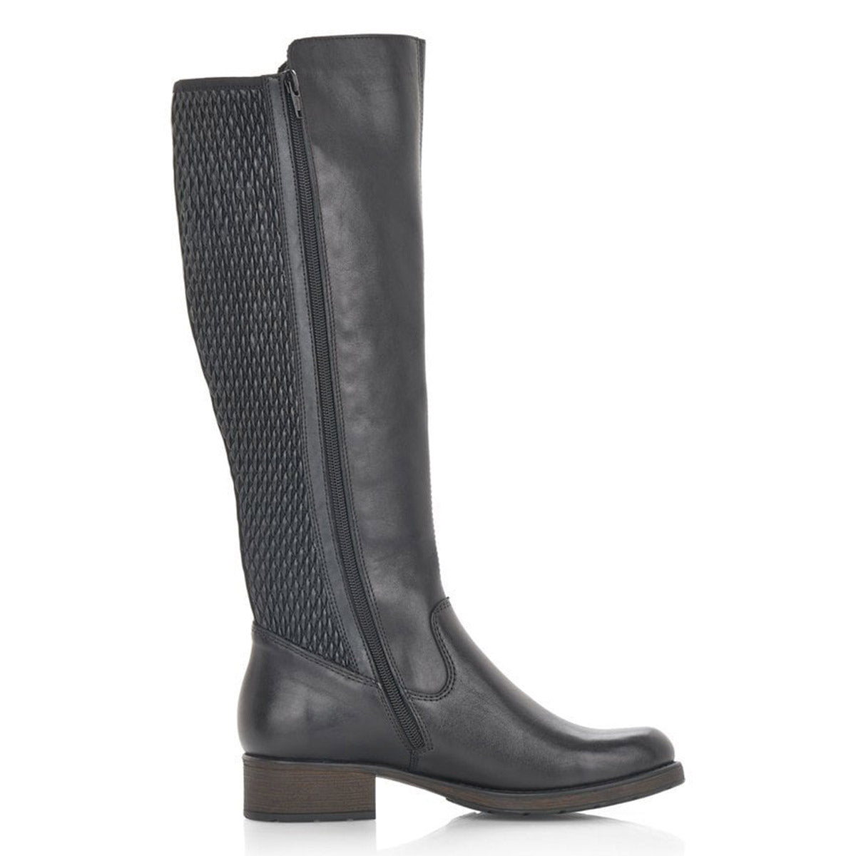 A black vegan leather RIEKER FAITH 91 knee-high boot featuring a textured elastic panel and a low stacked heel, isolated on a white background.