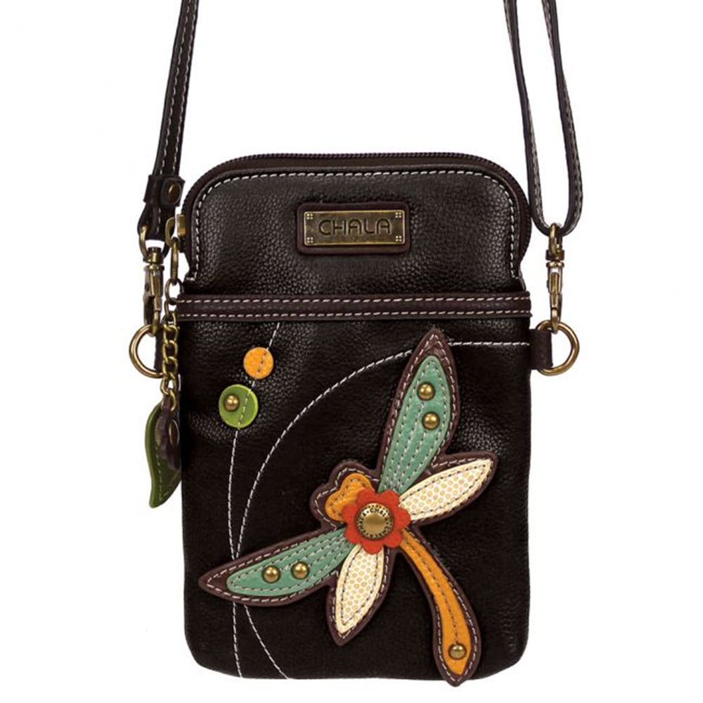 A black Cell Phone XBody Mustard Owl bag decorated with a colorful, floral design and the brand logo &quot;CHALA&quot; at the top, featuring an adjustable strap.