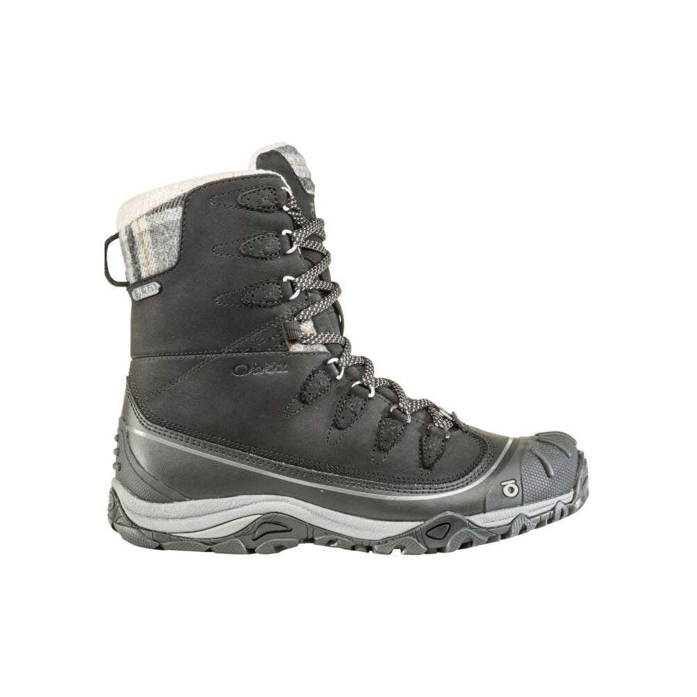 A single high-top, gray and black Oboz Sapphire 8&quot; Insulated B Dry hiking boot with laces and rugged sole, viewed from the side against a white background.