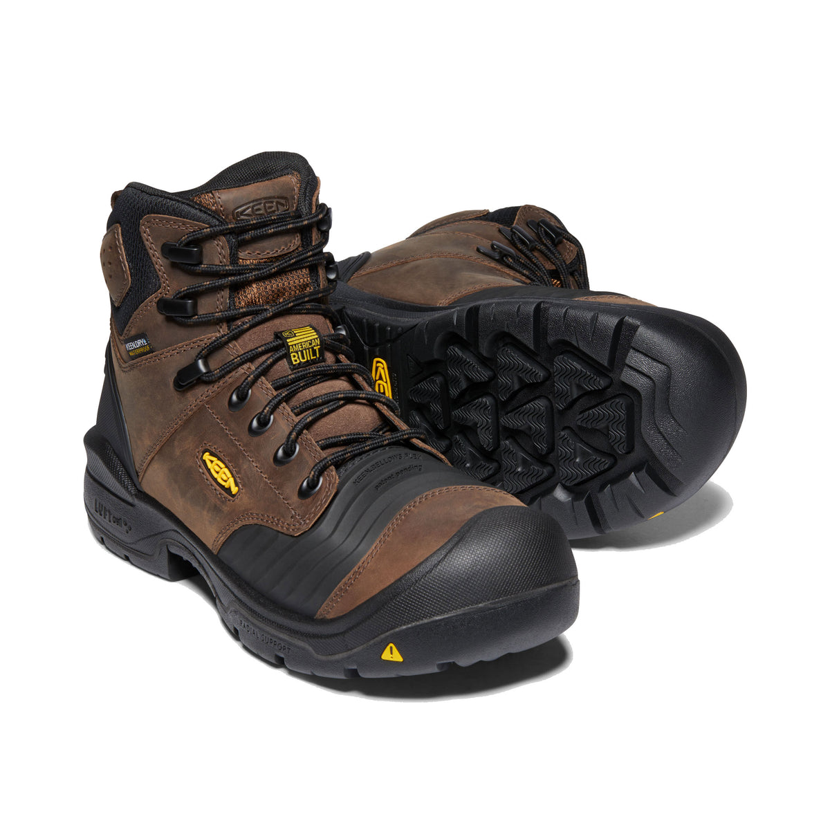A pair of brown Keen Portland 6&quot; WP EH SR hiking boots on a white background.