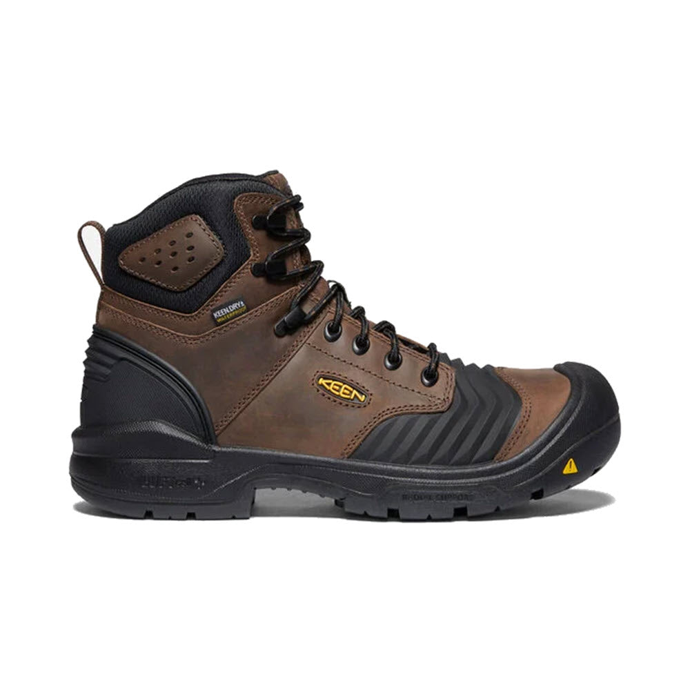 Brown Keen CT Portland 6&quot; WP EH SR Dark Earth hiking boot with laces, featuring a waterproof label and a thick, treaded sole, displayed against a white background.