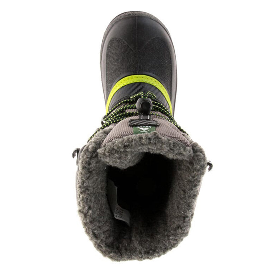 Top view of a Kamik Luke Charcoal/Lime - Kids boys&#39; snow boot with neon green accents and fleece lining, featuring laces and the Kamik logo.