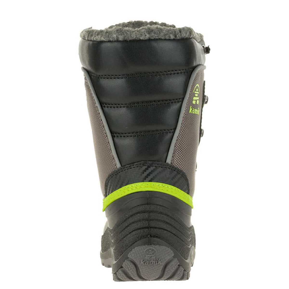 Front view of a Kamik Luke Charcoal/Lime - Kids winter boot with reflective NiteRays patches and fleece lining.