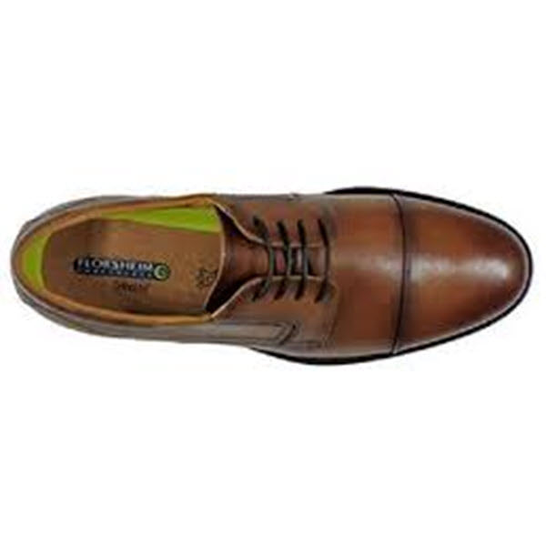Top view of a single brown Florsheim Midtown Cap Cognac - Men&#39;s leather dress shoe with laces on a white background.