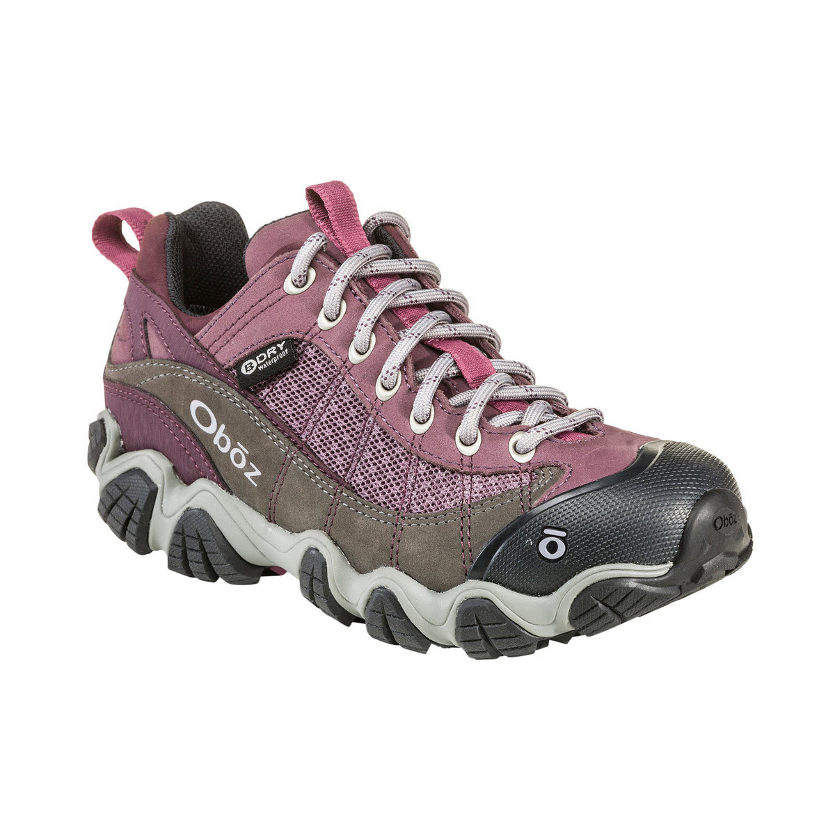 A single waterproof Oboz Firebrand II Low B Dry Lilac hiking shoe in pink and gray colors with mesh panels and robust sole.