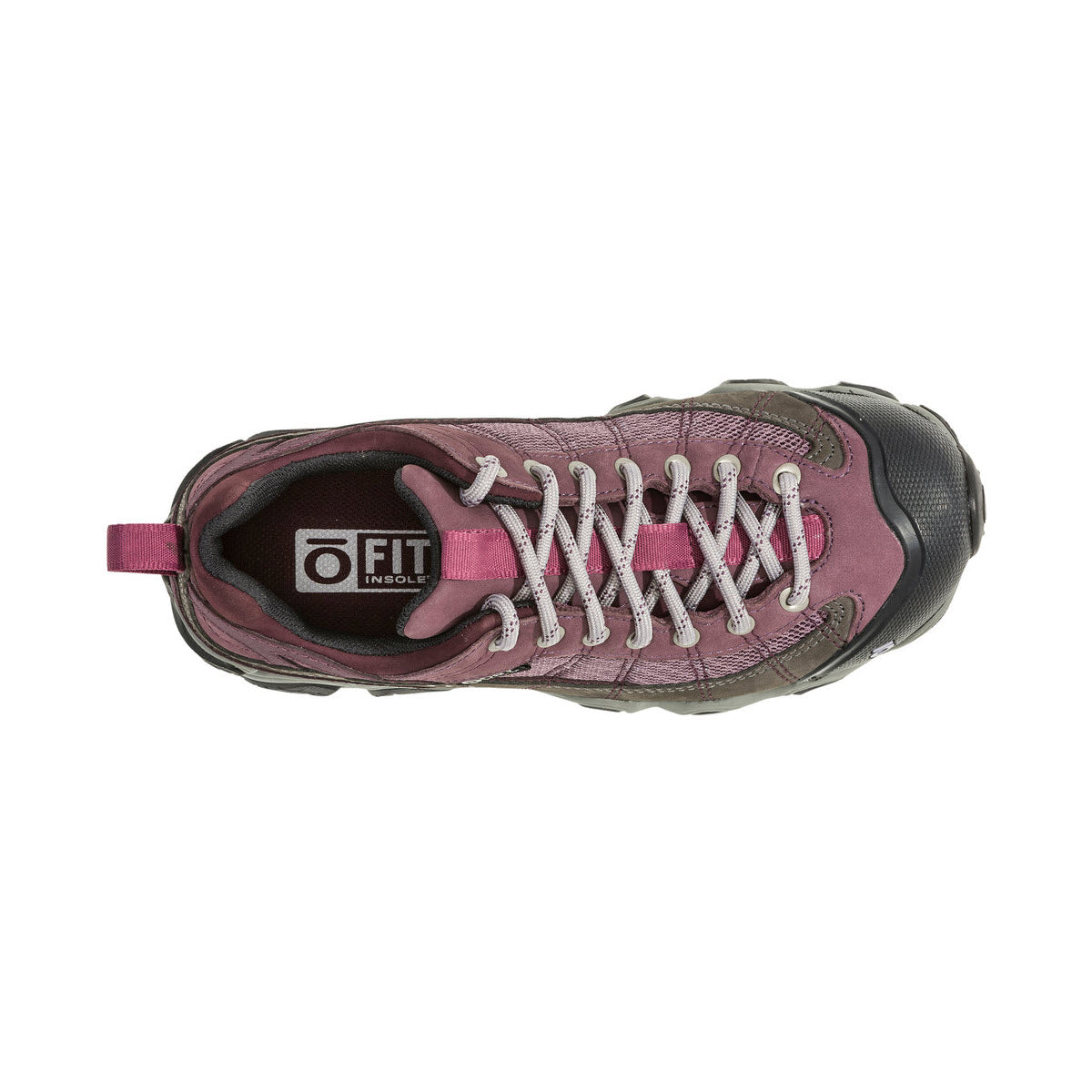 Top view of a single Oboz Firebrand II Low B Dry Lilac hiking shoe with pink laces and a loop on the heel, featuring a waterproof membrane.