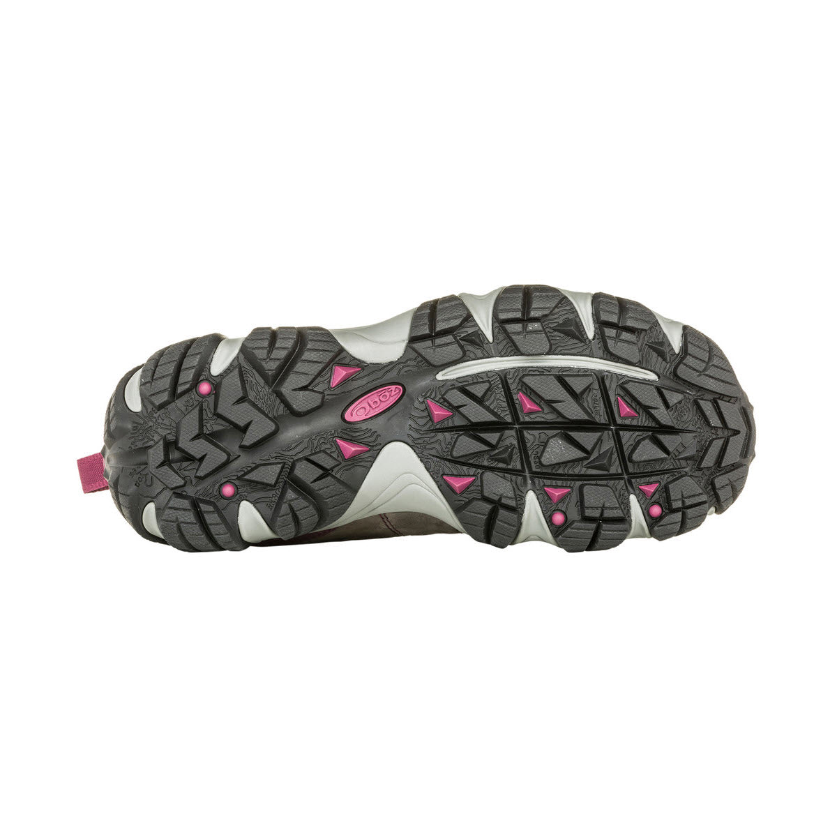 Sole of the Oboz Firebrand II Low B Dry Lilac - Womens hiking shoe with pink accents and a rugged tread pattern, featuring a visible Oboz logo and a waterproof membrane.