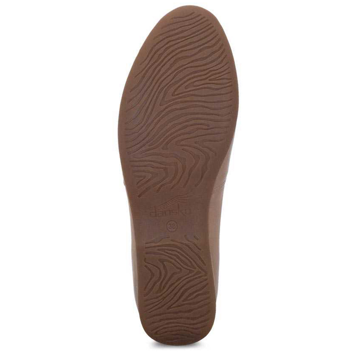 Sole of a Dansko Larisa Tan women&#39;s flat shoe with textured pattern and brand imprint.
