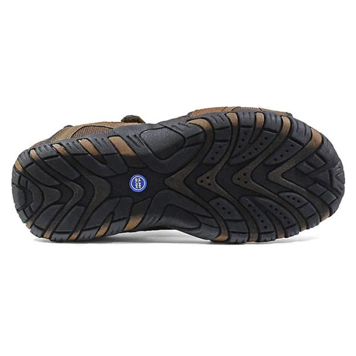 Brown Nunn Bush Rio Bravo 3 Strap Sandal Tan - Mens sole with a circular logo and lightweight rubber outsole.