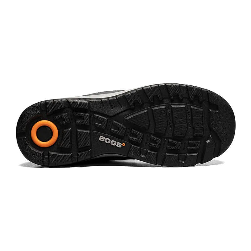 Sole of a Bogs shoe with distinctive BioGrip slip resistant tread pattern and a branded orange accent.