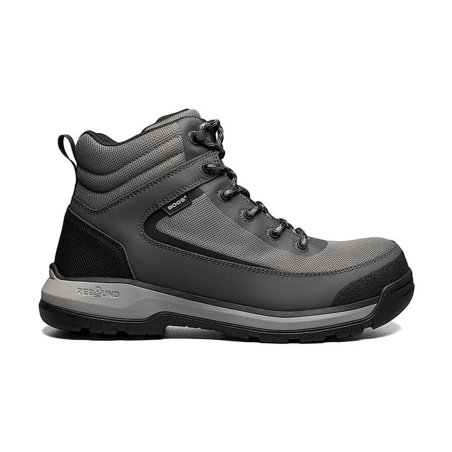 A single black Bogs Shale Mid Composite Toe Boot Grey hiking boot with laces on a white background.