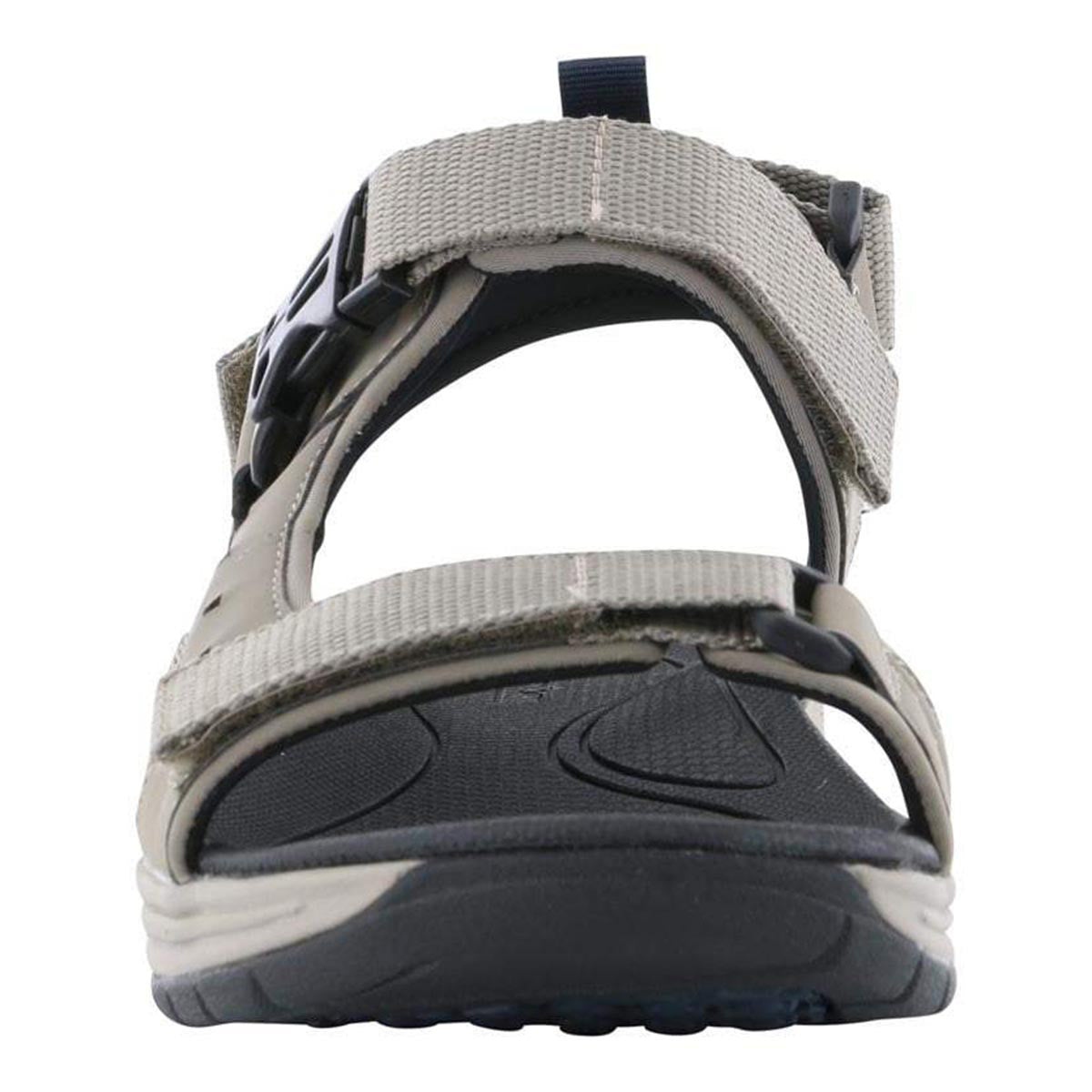 Rear view of a sporty, gray Dunham Nolan WF 3 strap sandal with a black, slip-resistant rubber outsole.