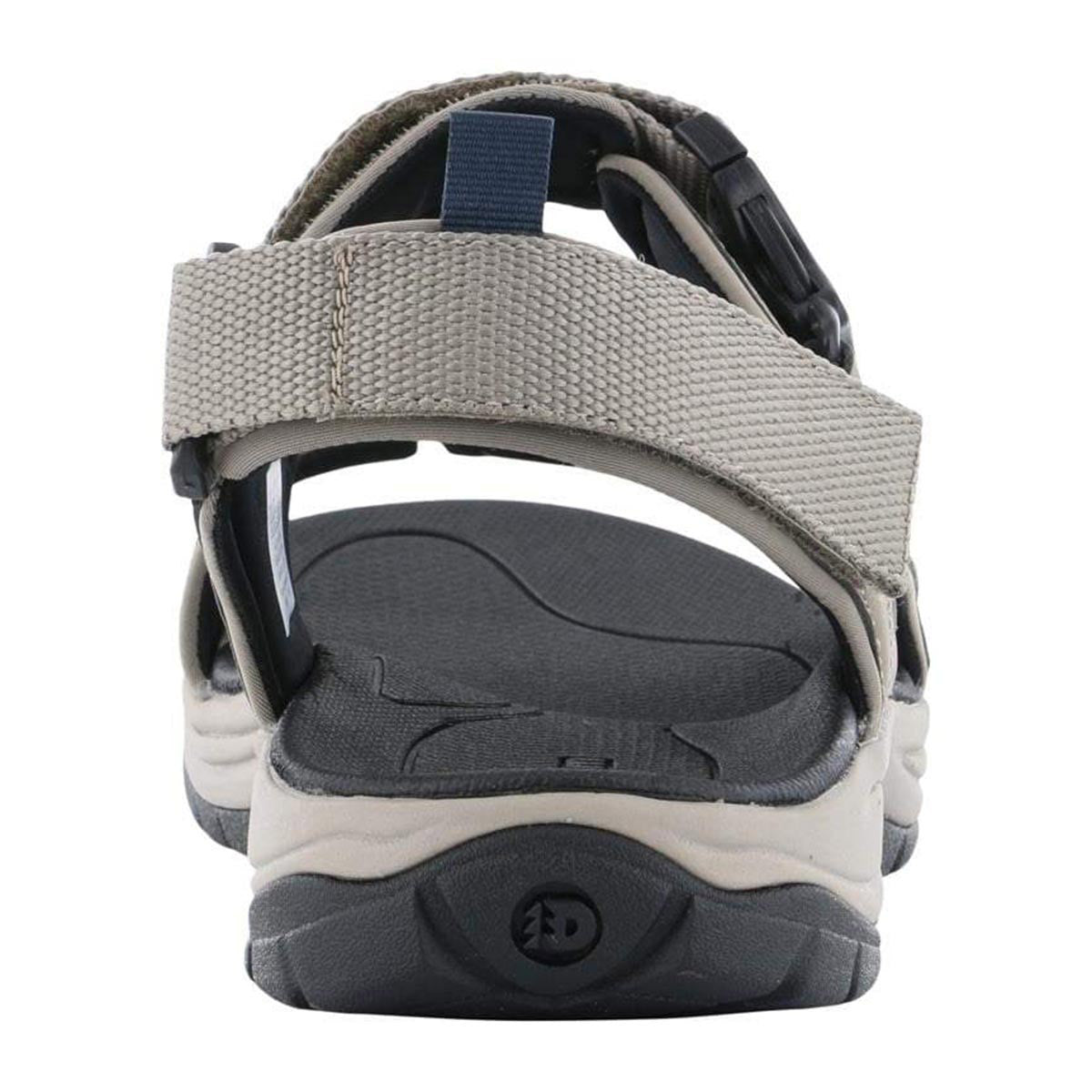 Rear view of a gray two-strap Dunham sport sandal with adjustable straps and a cushioned heel.