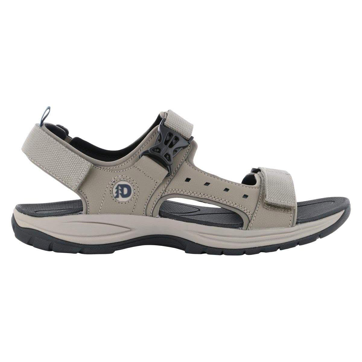 A single Dunham Nolan WF 3 Strap Sandal Taupe - Mens with adjustable straps and a cushioned sole, displayed against a white background.