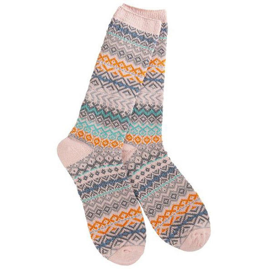 A pair of Worlds Softest women&#39;s knit socks with a multicolored geometric pattern on a white background.