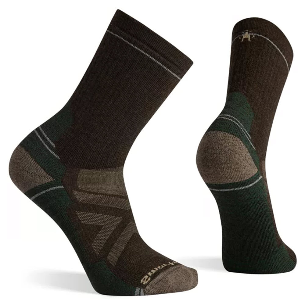 A pair of brown and green Smartwool Performance Hike Full Cushion Socks in Chestnut displayed against a white background, showing both side and front views.
