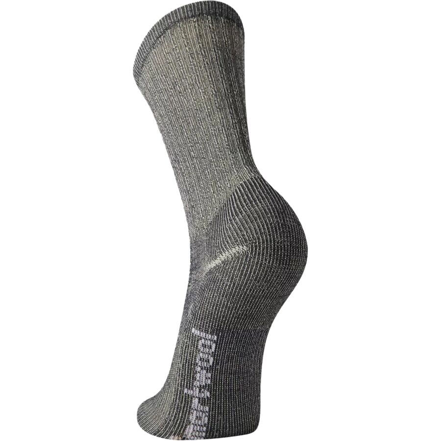 A single Smartwool Classic Hike Light unisex gray sock shaped to fit the right foot, featuring multiple weaves and patterns, displayed against a white background.