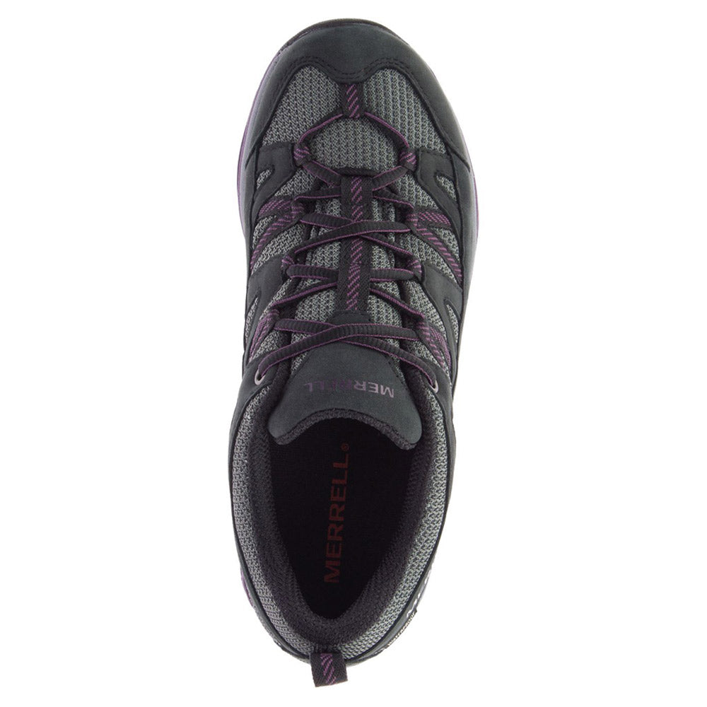 Top view of a gray Merrell Siren Sport 3 hiking shoe with purple laces and a Vibram sole.
