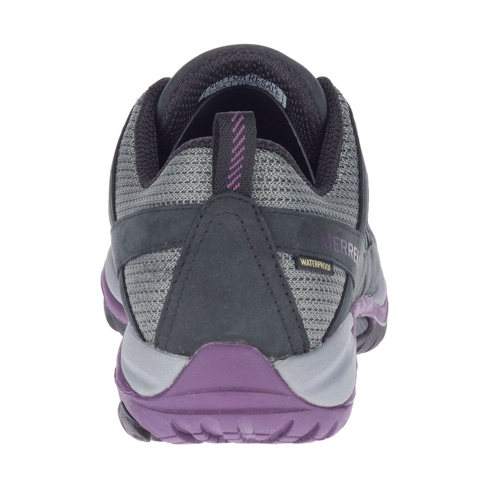 Rear view of a Merrell Siren Sport 3 Black/Blackberry hiking shoe, featuring a gray and purple color scheme with a waterproof label and a pull tab on the heel, designed as a waterproof trail shoe.