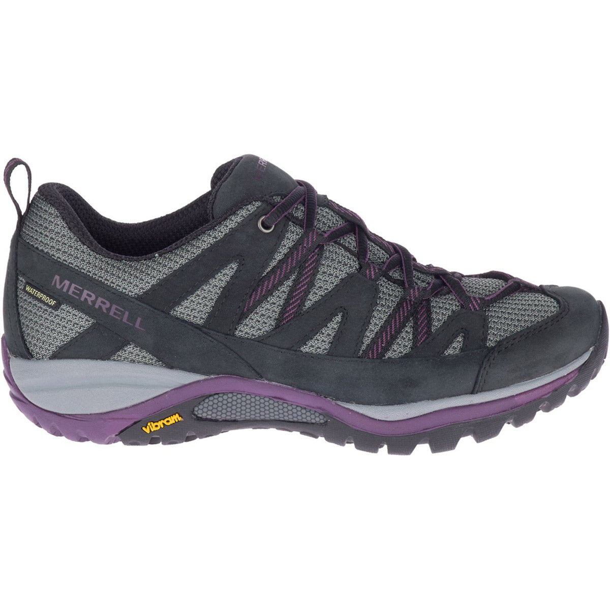 Side view of a black and blackberry Merrell Siren Sport 3 hiking shoe with Vibram sole and Merrell Air Cushion.