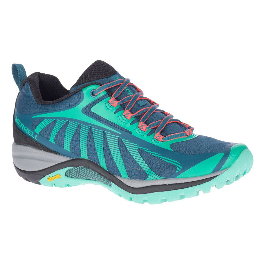 A Merrell Siren Edge 3 Polar/Wave trail running shoe with teal and grey colors, featuring a dynamic arch design, bright orange laces, and a Vibram Megagrip sole.