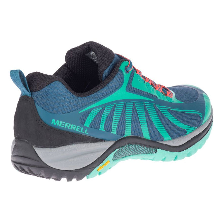A Merrell Siren Edge 3 Polar/Wave women&#39;s hiking shoe with blue and gray colors, featuring orange laces and a Vibram Megagrip sole.