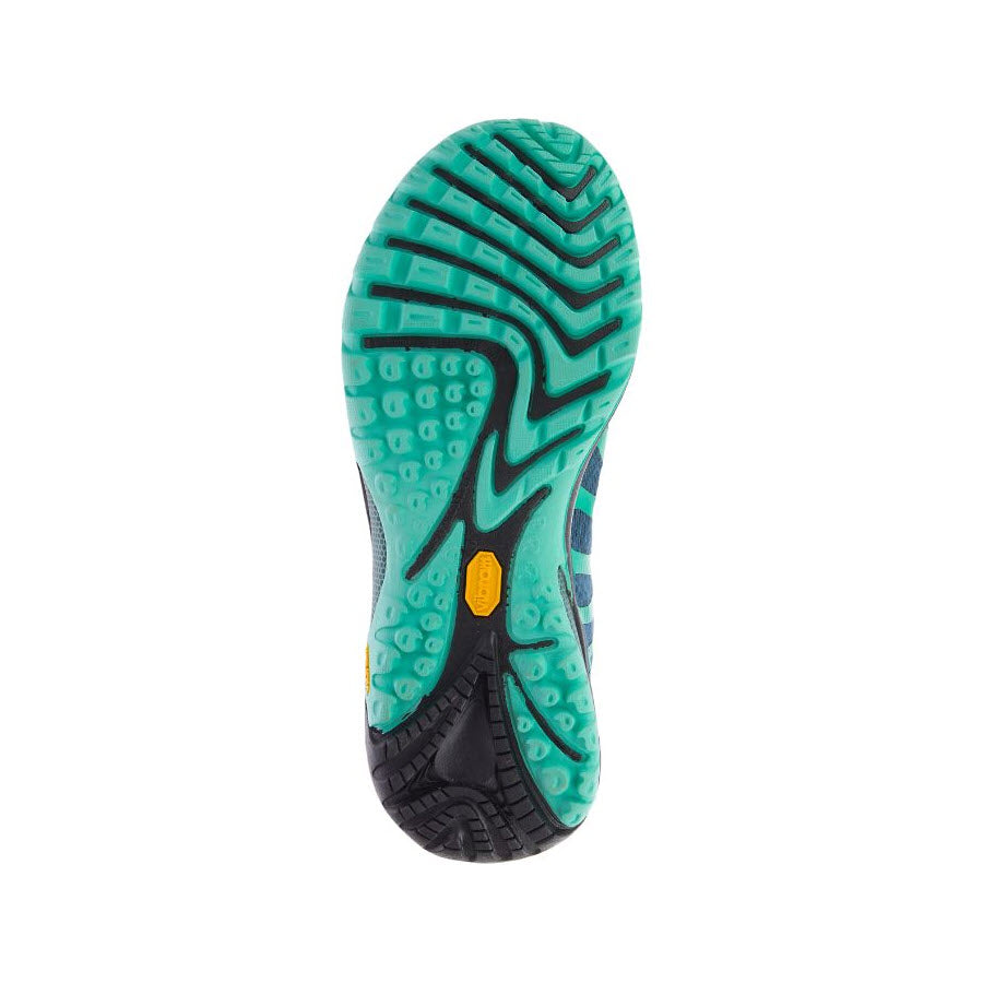 A close-up of a Merrell Siren Edge 3 Polar/Wave - Women&#39;s hiking shoe sole with a textured tread pattern and visible cushioning pods.