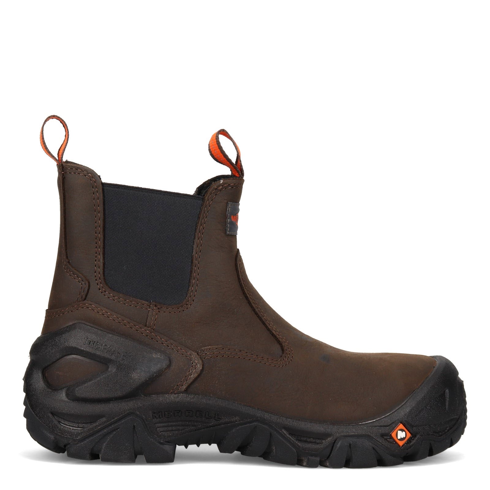 A Merrell Strongfield leather men's chelsea boot with black slip-resistant rubber outsole and orange pull loops.