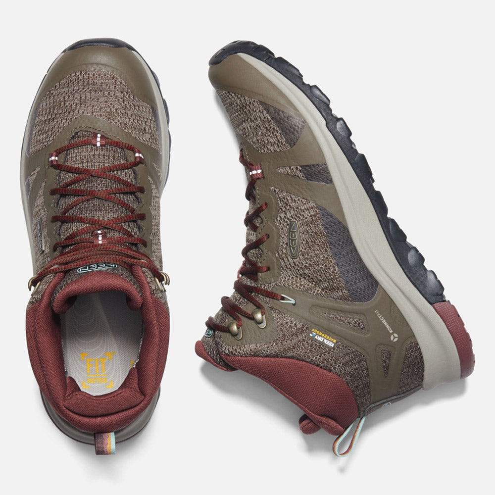 A pair of Keen Terradora II Mid Canteen/Andorra Waterproof Hiking Boots, displaying the top view and side view, in gray and maroon with sturdy soles and metal eyelets.