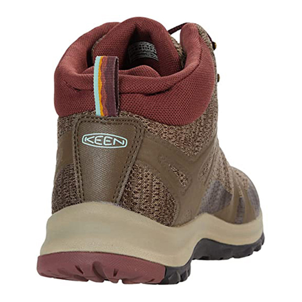 Rear view of a Keen Terradora II Mid Canteen/Andorra hiking boot showcasing its maroon and brown waterproof upper, performance mesh inserts, and sturdy beige KEEN.ALL-TERRAIN rubber outsole.