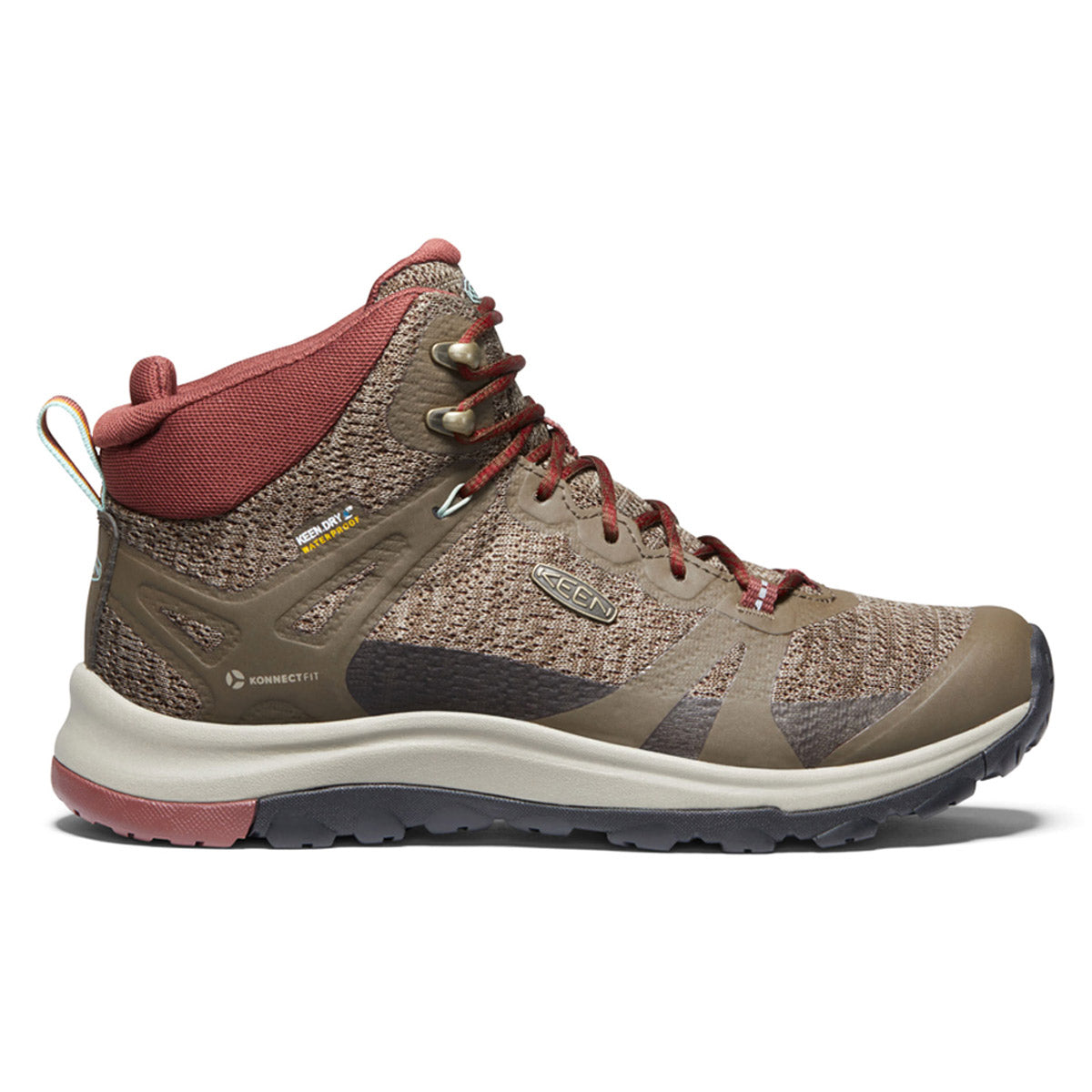 A single KEEN TERRADORA II MID CANTEEN/ANDORRA hiking boot featuring a combination of red and brown colors with a sturdy KEEN.ALL-TERRAIN rubber outsole and a keen logo on the side.