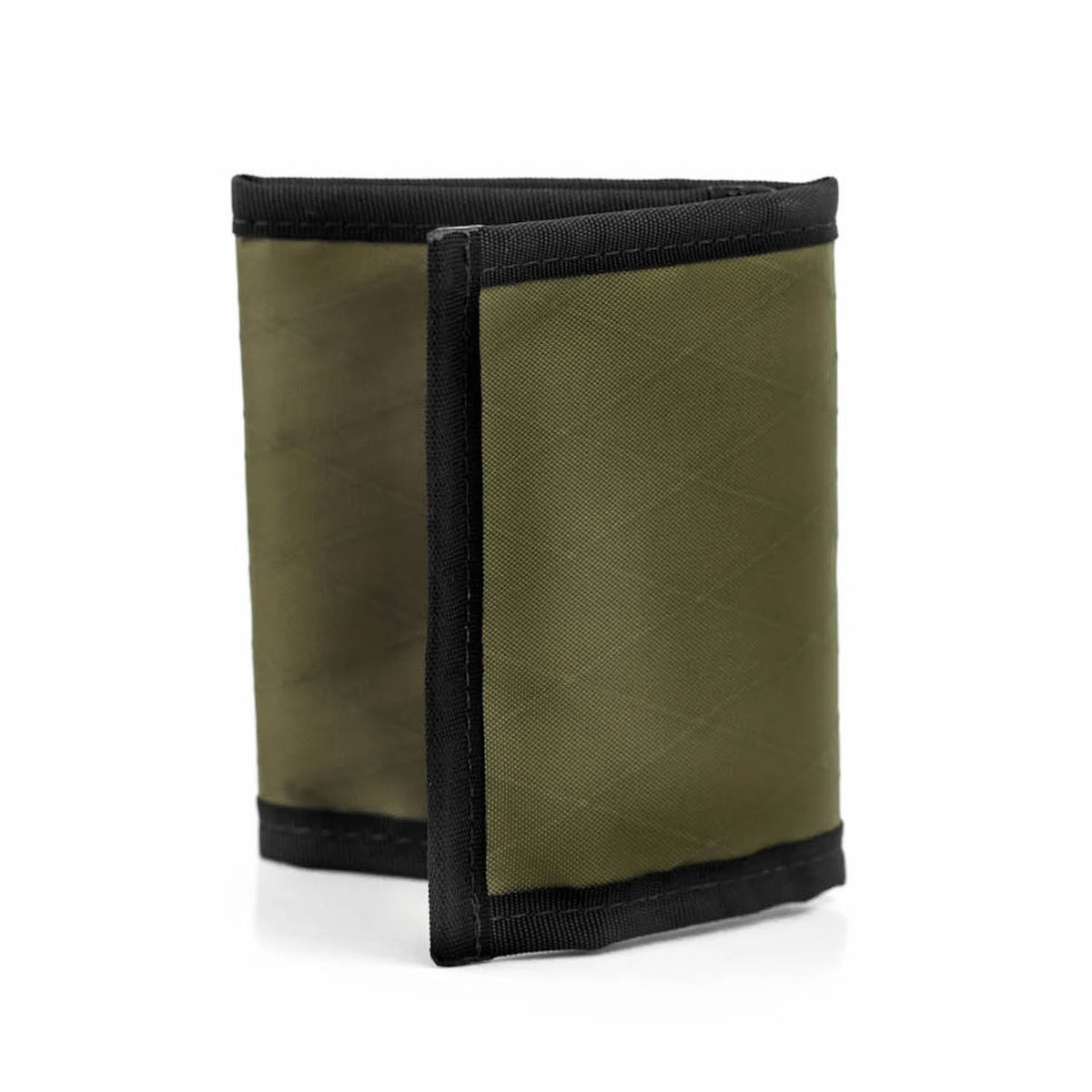 Flowfold Olive Green Lightweight Outdoor Materials Wallet with Black Trim on a White Background, designed as a thin trifold Traveler Wallet.