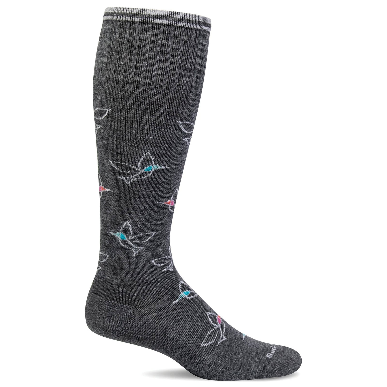 A single knee-high, dark gray sock with a subtle pattern of white, pink, and blue abstract shapes. The sock has a ribbed cuff at the top and a smooth texture throughout.