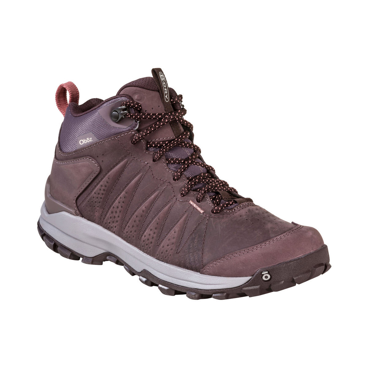 A brown Oboz Sypes Mid Leather hiking boot with purple accents and reinforced ankle support, featuring a rugged Bend Outsole and lace-up closure.