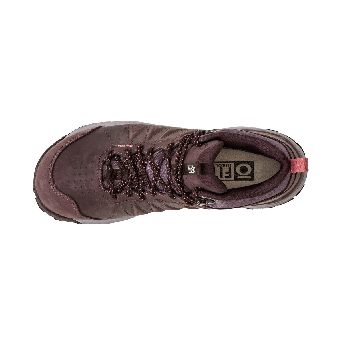 Top view of a brown Oboz Sypes Mid Leather hiking shoe with laced-up front, visible brand logo on the insole, and a small red loop on the back.