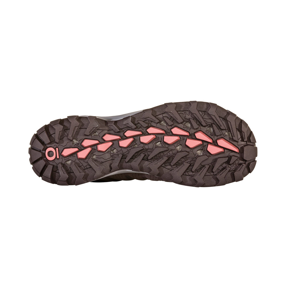 Sole of a hiking boot featuring Oboz Sypes Mid Leather B-Dry Peppercorn with dark gray treads and pink zigzag accents on a white background.