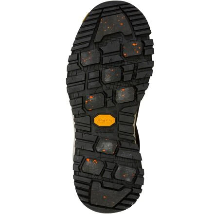 Tread pattern of a Oboz Spinx Mid Insulated B-Dry Iced Coffee - Womens boot sole with orange speckles, a branded label, and a Vibram Arctic Grip A.T. sole.