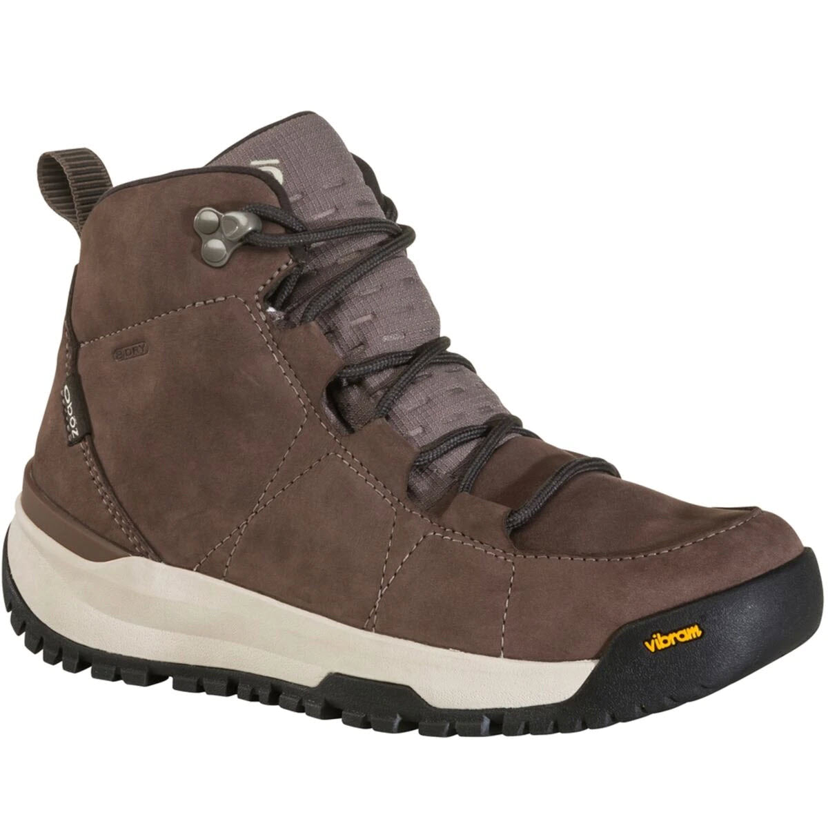 A brown Oboz Spinx Mid Insulated B-DRY Iced Coffee hiking boot with bungee lacing, a Vibram Arctic Grip A.T. sole, and a B-DRY waterproof membrane.