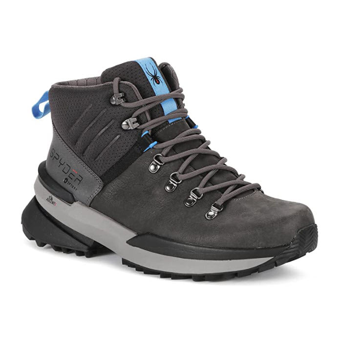 A Spyder Hayes Mid Hiker Dark Grey hiking boot with blue accents, featuring a SpyDry waterproof membrane, metal eyelets, and a sturdy sole, isolated on a white background.