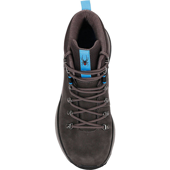 Top view of a Spyder Hayes Mid Hiker Dark Grey - Mens hiking boot with blue accents, aggressive lugs, and laced up.