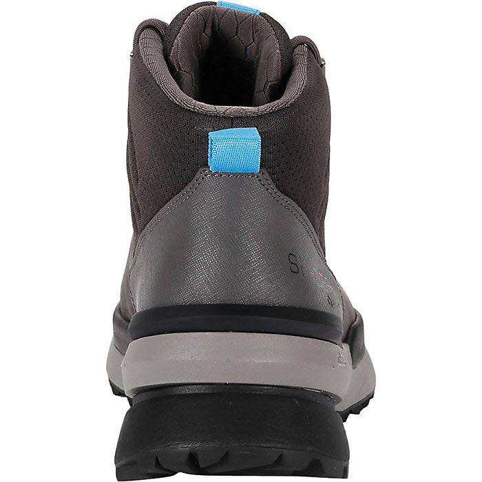 Rear view of a Spyder Hayes Mid Hiker Dark Grey - Mens hiking shoe showing a textured upper and a sturdy, rubber sole with aggressive lugs and a blue pull tab on the ankle.