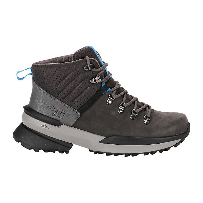 A Spyder Hayes Mid Hiker Dark Grey - Mens with a thick gray sole and blue laces, featuring a SpyDry waterproof membrane and breathable materials.