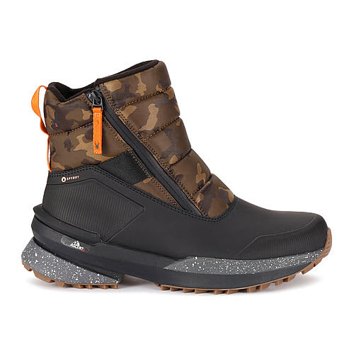 A Spyder HYLAND MID INSULATED - MENS winter boot with camouflage and black colors, orange accents, and a visible brand logo on the side, featuring SpyDry waterproof membrane, set against a plain white background.